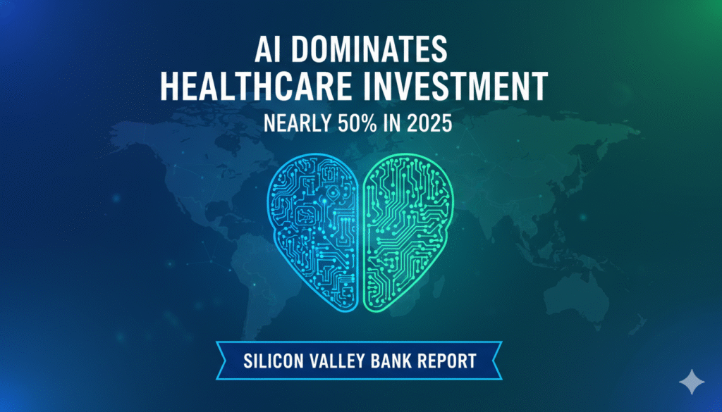 A dynamic digital illustration showing abstract AI neural networks intertwined with medical symbols like stethoscopes, DNA helices, and data charts, set against a backdrop of rising investment graphs in blue and green tones.