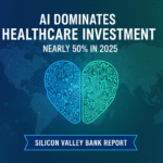 A dynamic digital illustration showing abstract AI neural networks intertwined with medical symbols like stethoscopes, DNA helices, and data charts, set against a backdrop of rising investment graphs in blue and green tones.