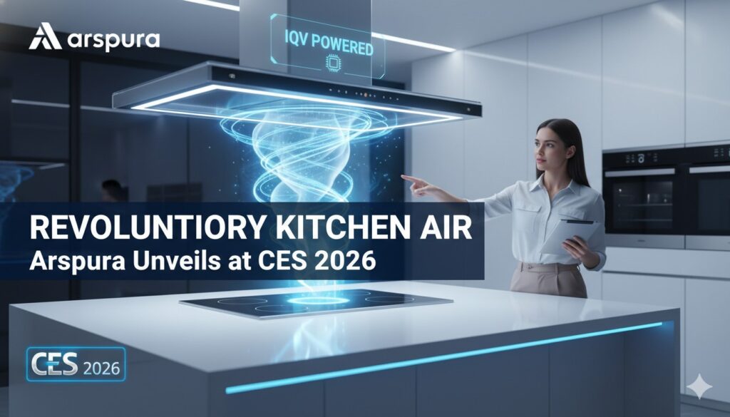 Arspura IQV kitchen ventilation system on display with modern airflow technology at CES 2026 exhibit.