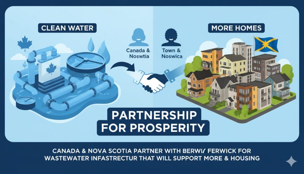 Aerial view of upgraded wastewater treatment plant surrounded by residential areas in Berwick, Nova Scotia