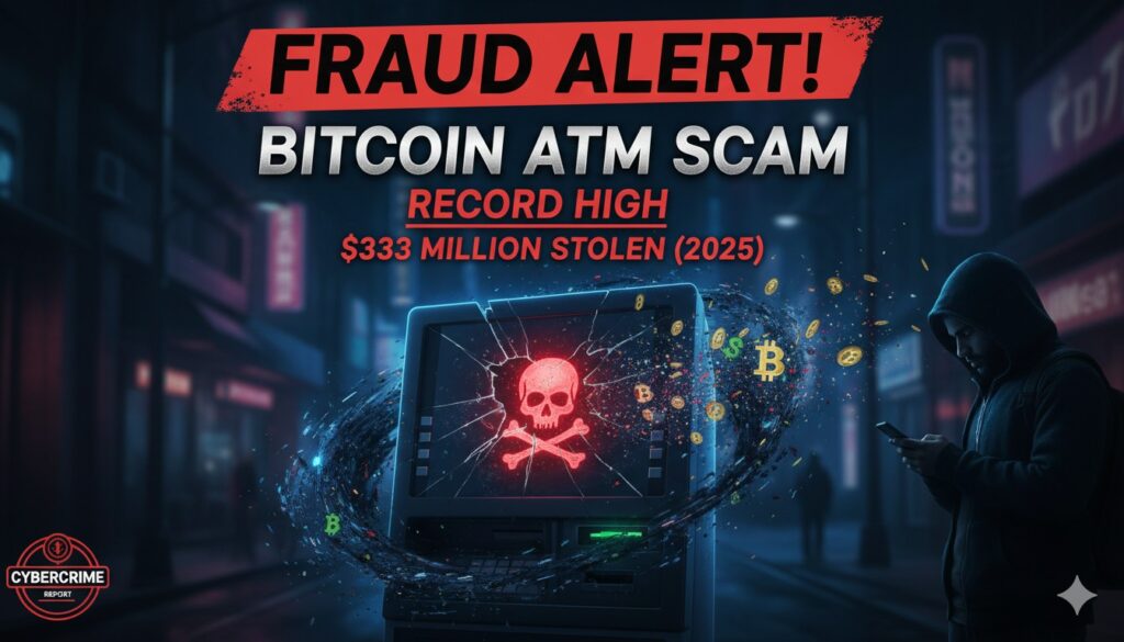 Bitcoin ATM kiosk with red fraud warning overlay
