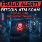 Bitcoin ATM kiosk with red fraud warning overlay