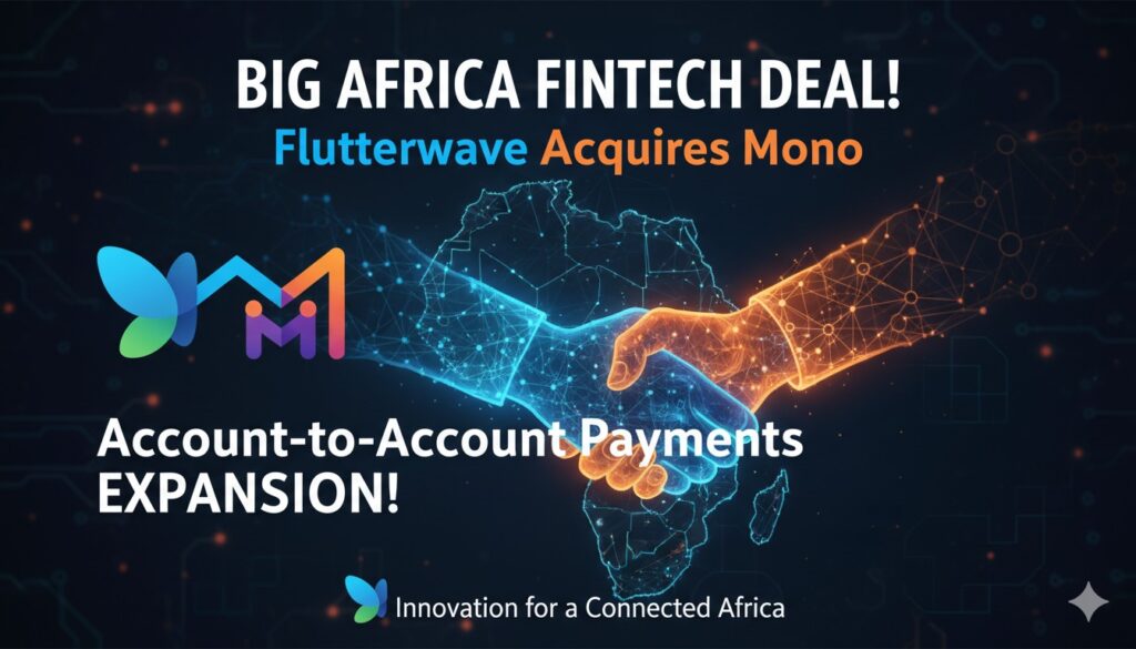 Illustration of digital payment networks connecting African countries with Flutterwave and Mono elements