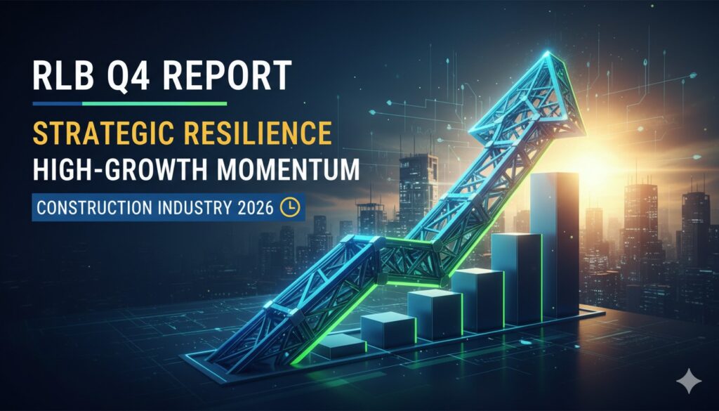 Modern construction site with cranes building a high-tech data center under clear skies, representing growth in the North American construction sector entering 2026.