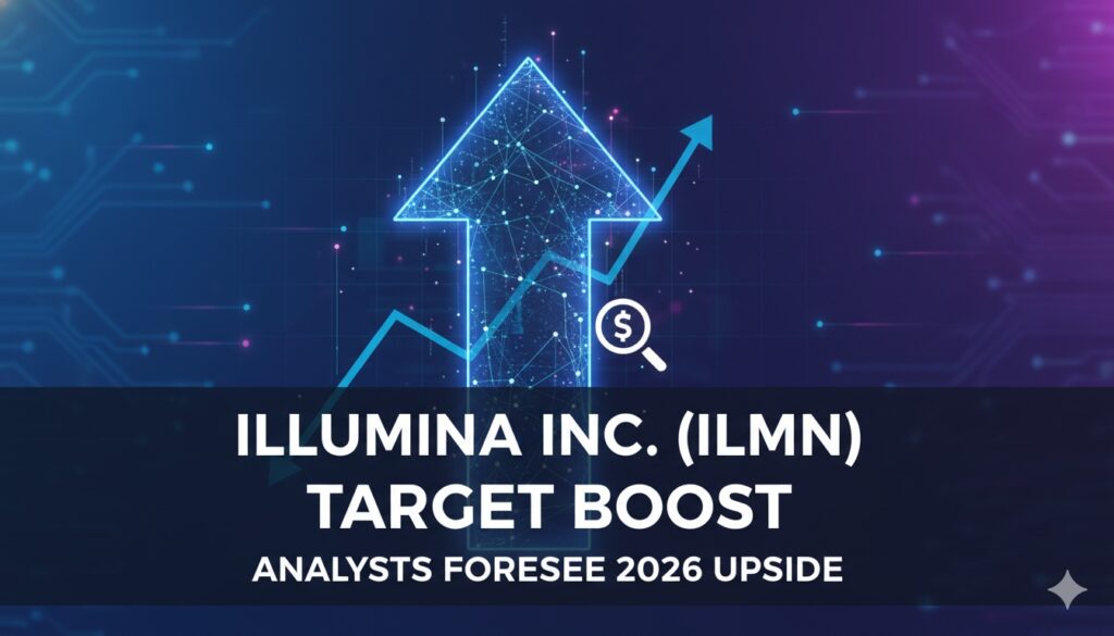 Stock chart of Illumina Inc. shares rising with upward arrows indicating analyst target boosts.