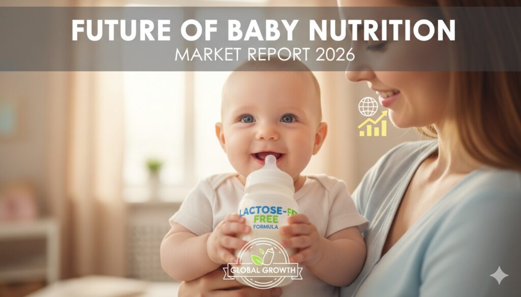 Line graph illustrating the growth of the global lactose-free infant formula market from 2024 to 2030 with upward trending blue line and key data points marked.