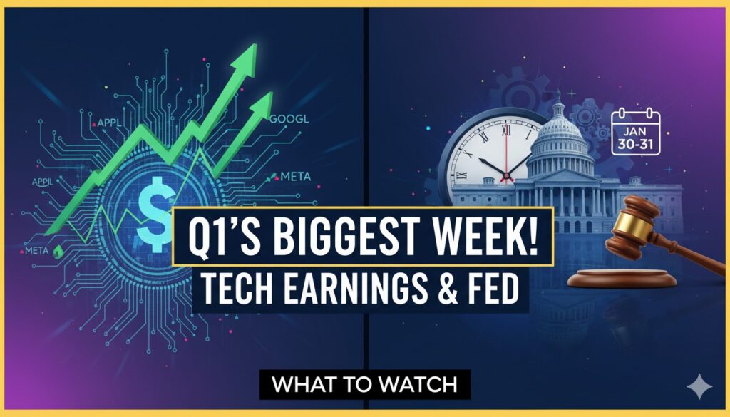 Stock market traders monitoring screens with Big Tech logos and Federal Reserve building in background