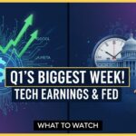 Stock market traders monitoring screens with Big Tech logos and Federal Reserve building in background