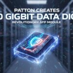 Close-up of a high-speed QSFP data diode module with fiber optic connections