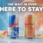 Cans of Red Bull Iced Edition and Peach Edition displayed on a store shelf