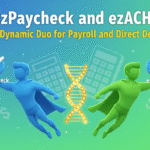 Illustration of payroll software interface with direct deposit icons on a computer screen