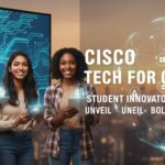 Diverse group of university students collaborating on technology pitches at a corporate innovation summit