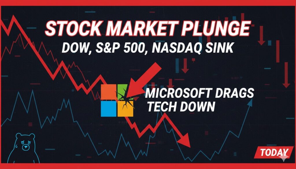 Declining stock market charts with red arrows indicating drops in major indices
