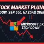 Declining stock market charts with red arrows indicating drops in major indices