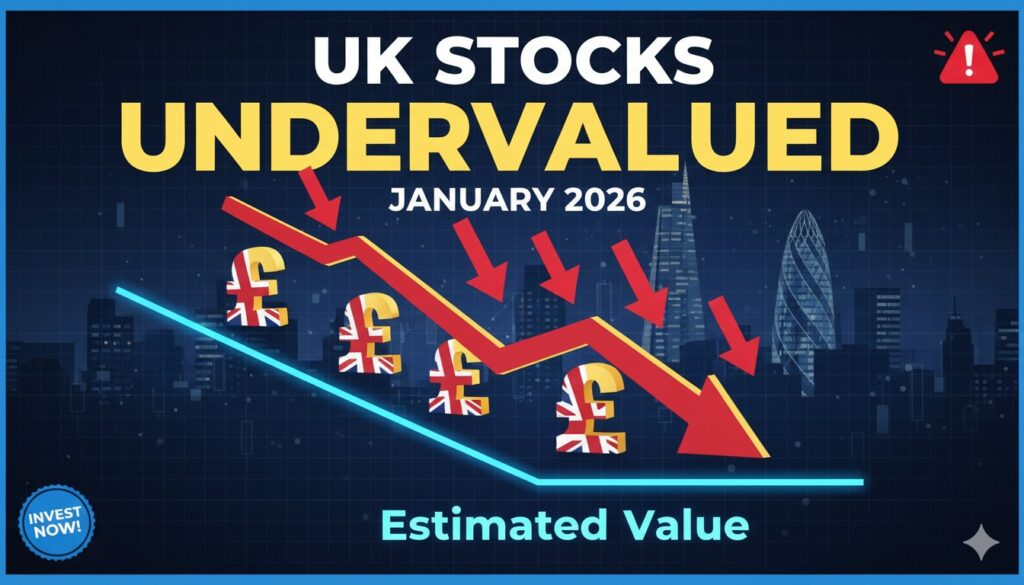 Chart displaying selected UK stocks trading below their estimated fair values with upward potential arrows.