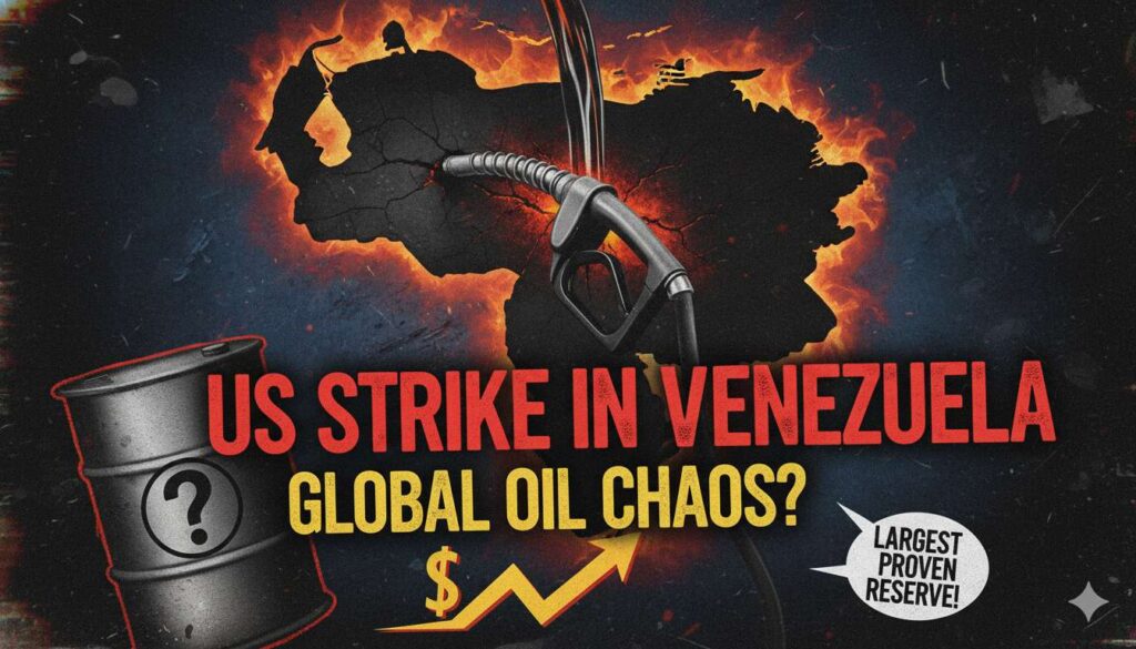 Aerial view of Venezuelan oil fields with drilling rigs against a sunset sky