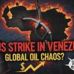 Aerial view of Venezuelan oil fields with drilling rigs against a sunset sky