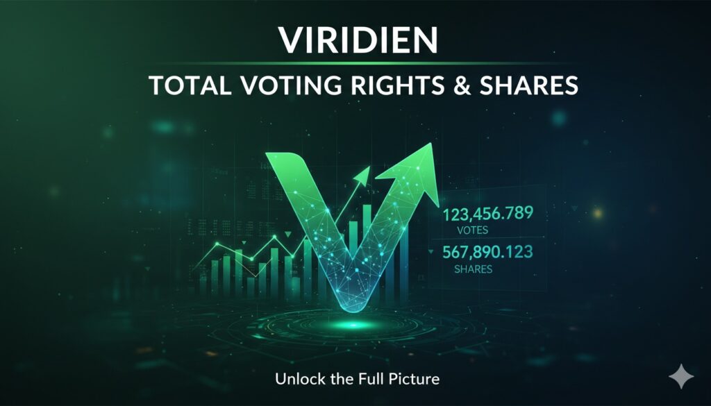 Close-up view of financial documents showing charts of share capital and voting rights percentages alongside a corporate logo.