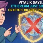 Vitalik Buterin speaking at a conference with Ethereum logo and abstract blockchain network visuals in the background.