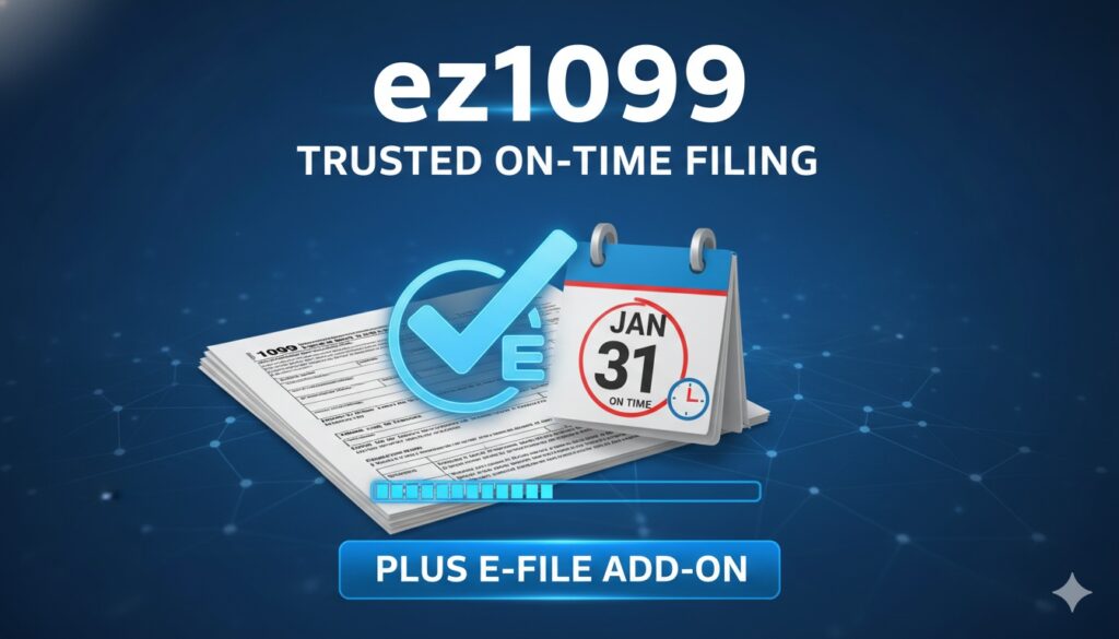 Computer screen displaying ez1099 software interface with 1099 forms and e-file options