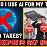 A thoughtful taxpayer at a desk looking skeptically at a computer screen displaying an AI chatbot interface while holding tax forms, symbolizing caution against using AI for tax preparation.