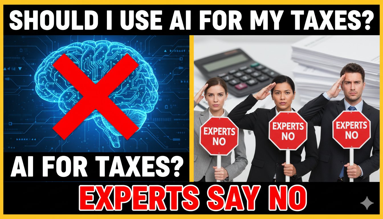 A thoughtful taxpayer at a desk looking skeptically at a computer screen displaying an AI chatbot interface while holding tax forms, symbolizing caution against using AI for tax preparation.