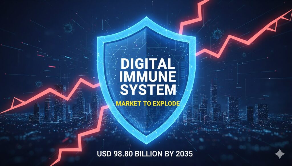 Graph showing exponential growth of the global digital immune system market from 2025 to 2035, reaching USD 98.80 billion amid rising cyberattack threats.