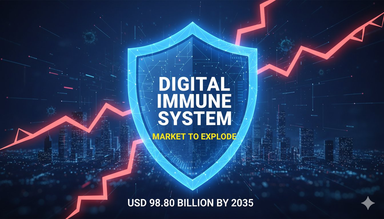 Graph showing exponential growth of the global digital immune system market from 2025 to 2035, reaching USD 98.80 billion amid rising cyberattack threats.
