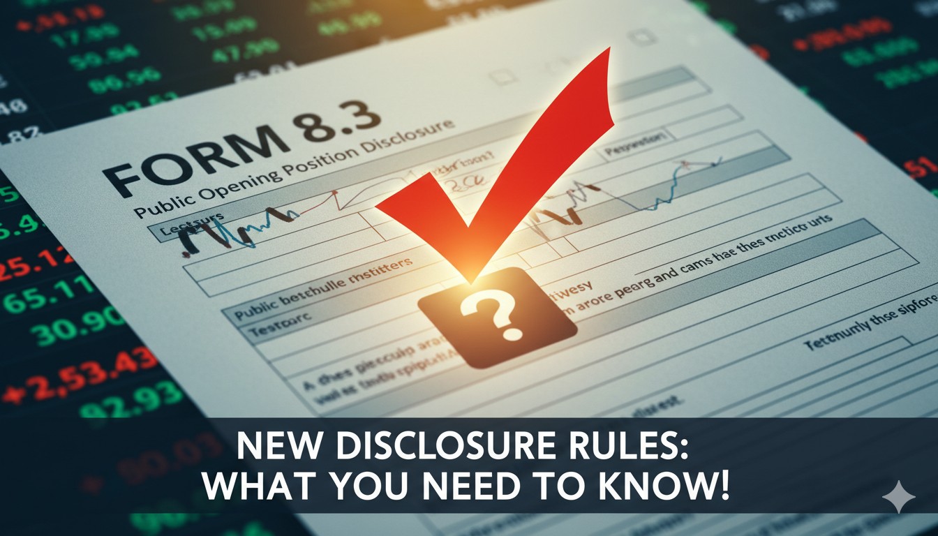 Illustration of a UK Takeover Panel Form 8.3 disclosure document highlighting key sections for interests and dealings in securities.