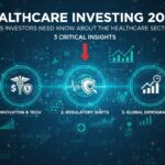 Illustration of a digital healthcare ecosystem with AI elements, stock charts, and medical symbols representing investment trends in 2026.