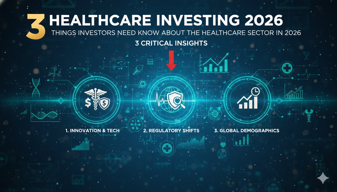 Illustration of a digital healthcare ecosystem with AI elements, stock charts, and medical symbols representing investment trends in 2026.