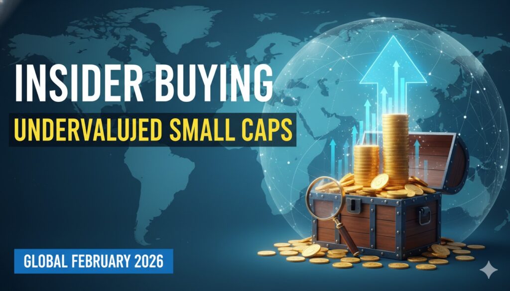 Stock market chart showing upward trends with insider buying icons on small-cap company symbols in February 2026