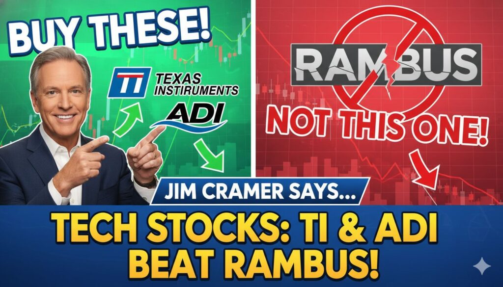 Stock market chart comparing Texas Instruments, Analog Devices, and Rambus shares with Jim Cramer commentary overlay