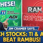 Stock market chart comparing Texas Instruments, Analog Devices, and Rambus shares with Jim Cramer commentary overlay