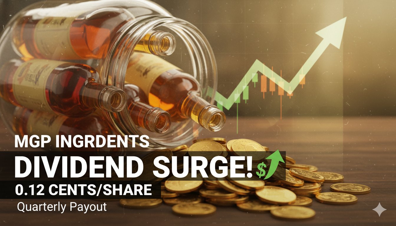 MGP Ingredients company logo and stock ticker symbol MGPI on a financial news background representing dividend announcement