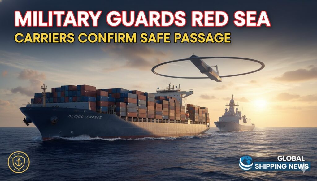 Naval warship escorting a large container vessel through the Red Sea waters