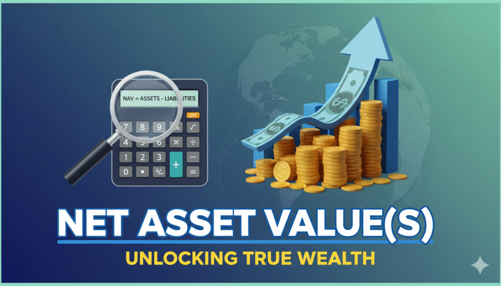 Illustration of Net Asset Value (NAV) calculation formula for mutual funds and ETFs showing assets minus liabilities divided by shares.