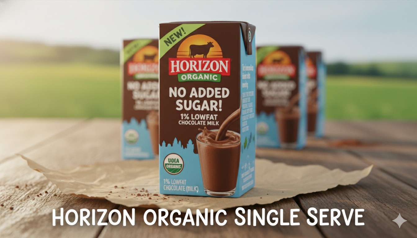 Horizon Organic No Added Sugar 1% Lowfat Chocolate Milk single-serve boxes displayed on a kitchen counter