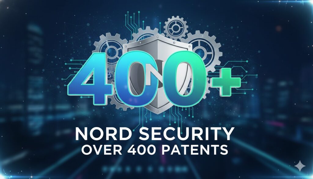 Illustration of cybersecurity patents and Nord Security logo