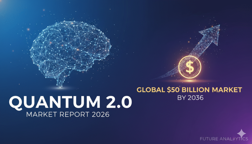 Futuristic quantum computer processor with glowing qubits and global market growth chart overlay representing the $50 billion Quantum 2.0 market by 2036.