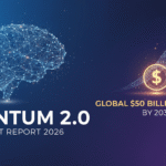 Futuristic quantum computer processor with glowing qubits and global market growth chart overlay representing the $50 billion Quantum 2.0 market by 2036.
