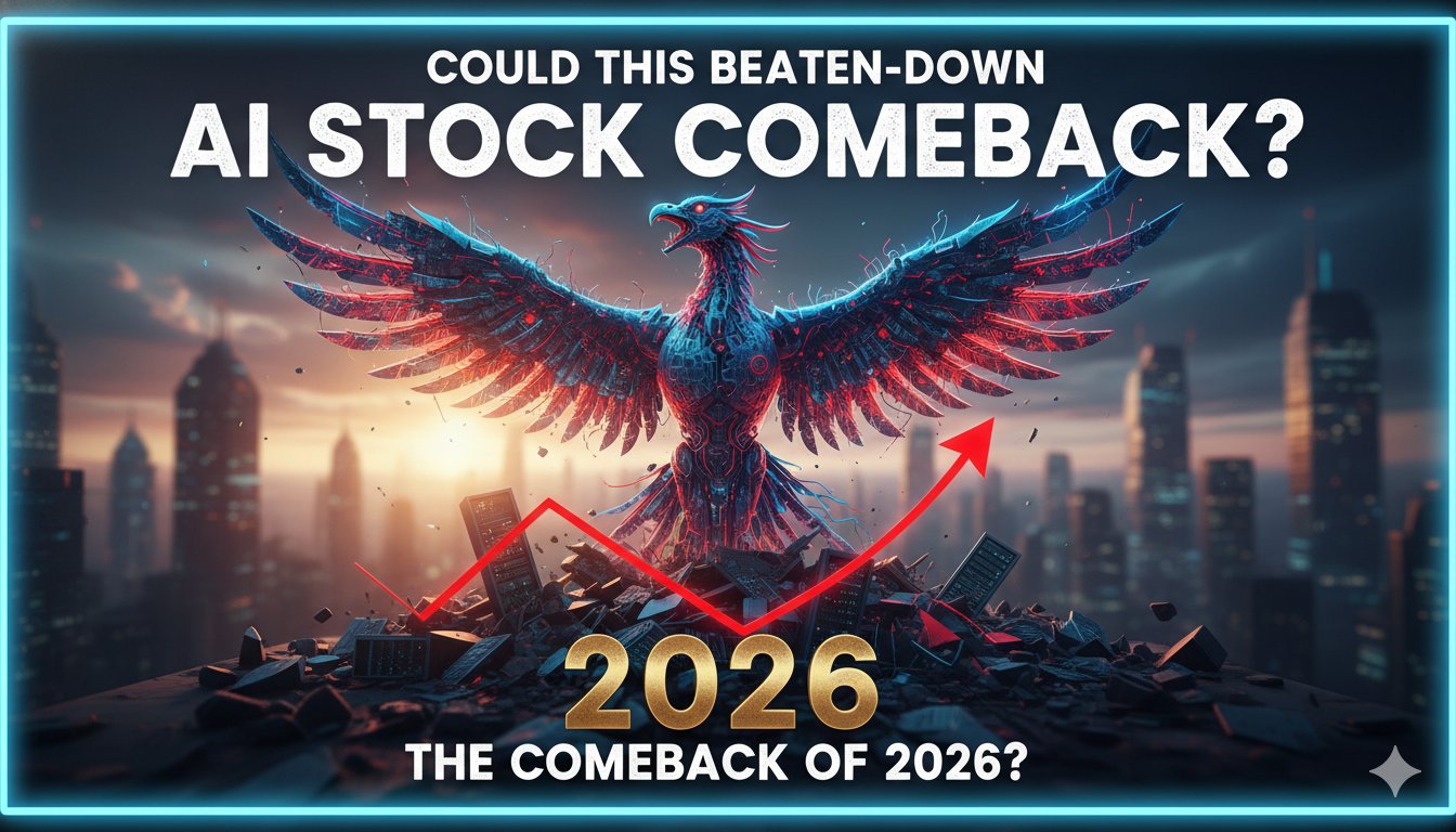 Graph showing Samsara stock price recovery potential with upward arrow overlay on logistics vehicles.