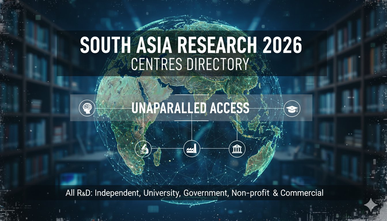 Comprehensive directory book cover representing South Asia Research Centres Directory 2026, highlighting research institutions across India, Pakistan, Bangladesh, and other countries.