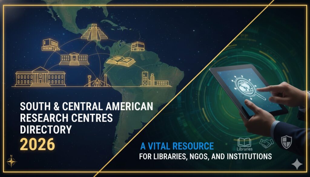 Cover of the South & Central American Research Centres Directory 2026 featuring a map of Latin America with research icons overlaid