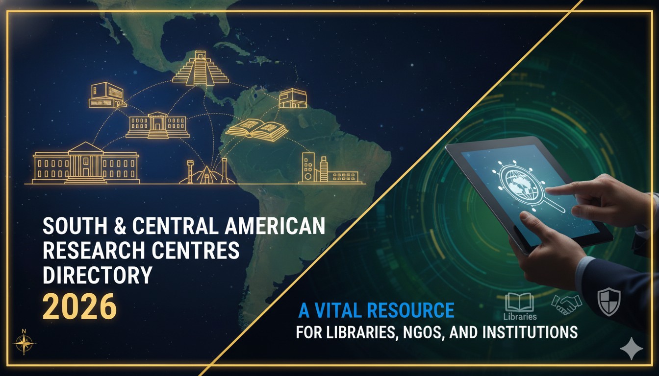 Cover of the South & Central American Research Centres Directory 2026 featuring a map of Latin America with research icons overlaid