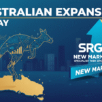 Specialist Risk Group logo overlaid on a Sydney skyline with Australian financial district elements, representing the company's market entry into Australia.