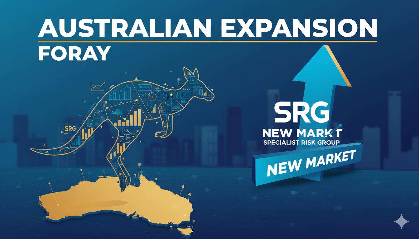 Specialist Risk Group logo overlaid on a Sydney skyline with Australian financial district elements, representing the company's market entry into Australia.