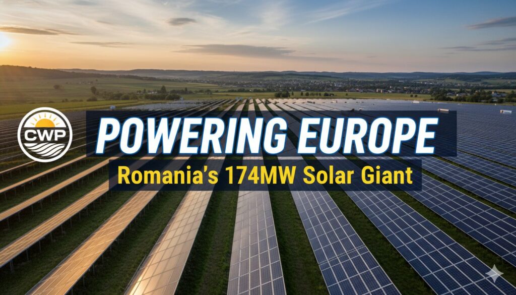 Aerial view of the 174 MWdc Studina solar farm in Romania with rows of bifacial panels on trackers under clear skies