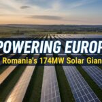 Aerial view of the 174 MWdc Studina solar farm in Romania with rows of bifacial panels on trackers under clear skies