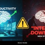 Illustration of a stressed office worker surrounded by multiple AI-generated task screens and overflowing workload icons, symbolizing intensified productivity and burnout risk.